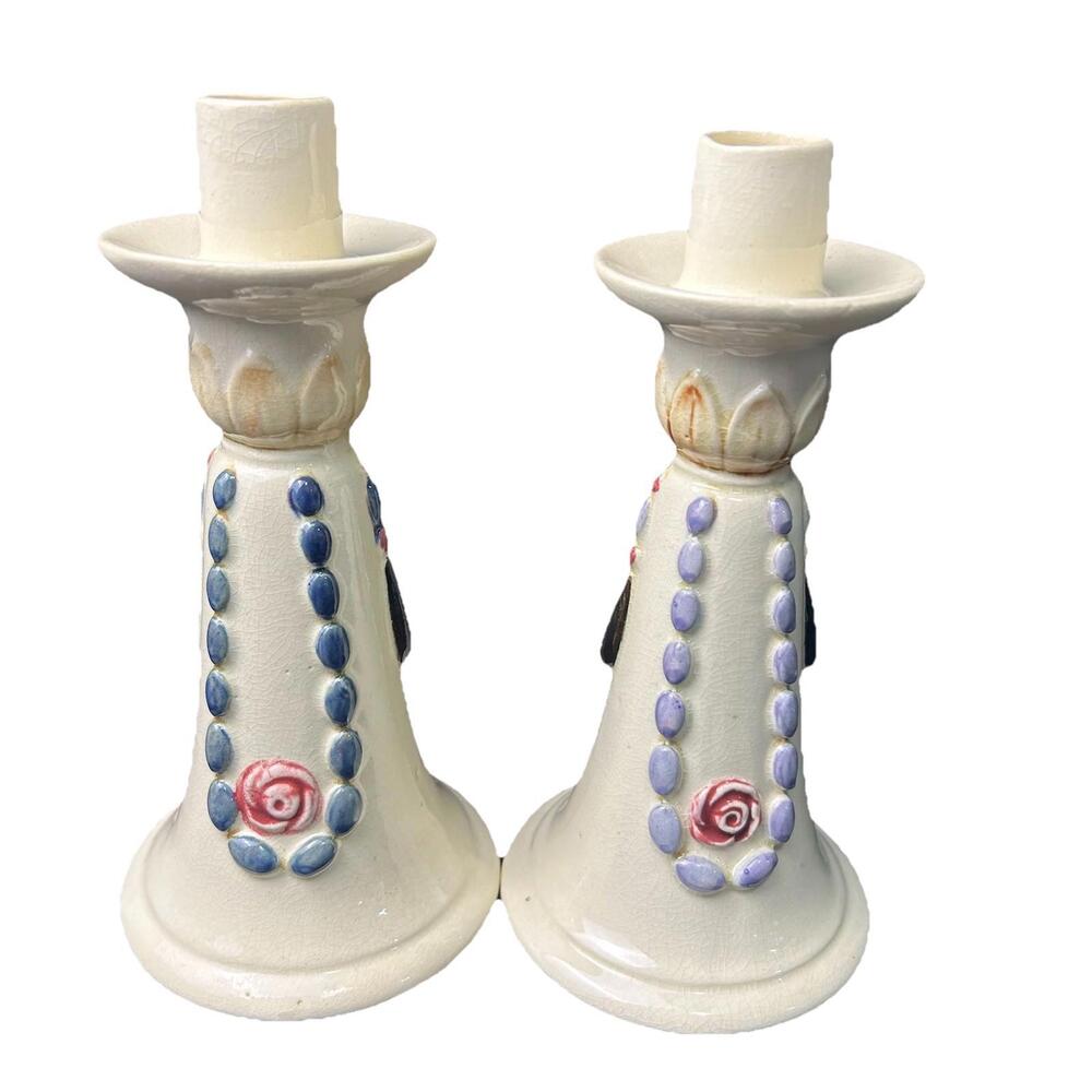 VTG Weller Roma Art Pottery Candle Holders Pair Roses Blue Garland 1920s RARE"